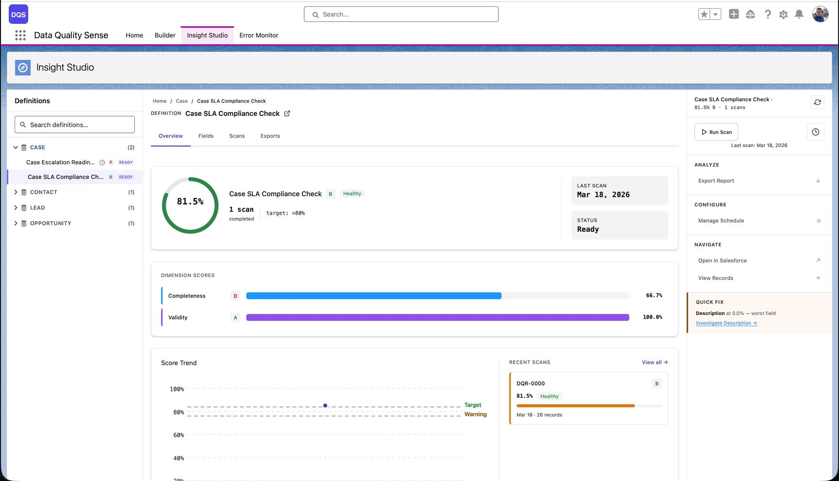 Data Quality Sense batch scan results showing completeness and validity scores for a scanned object before agent grounding