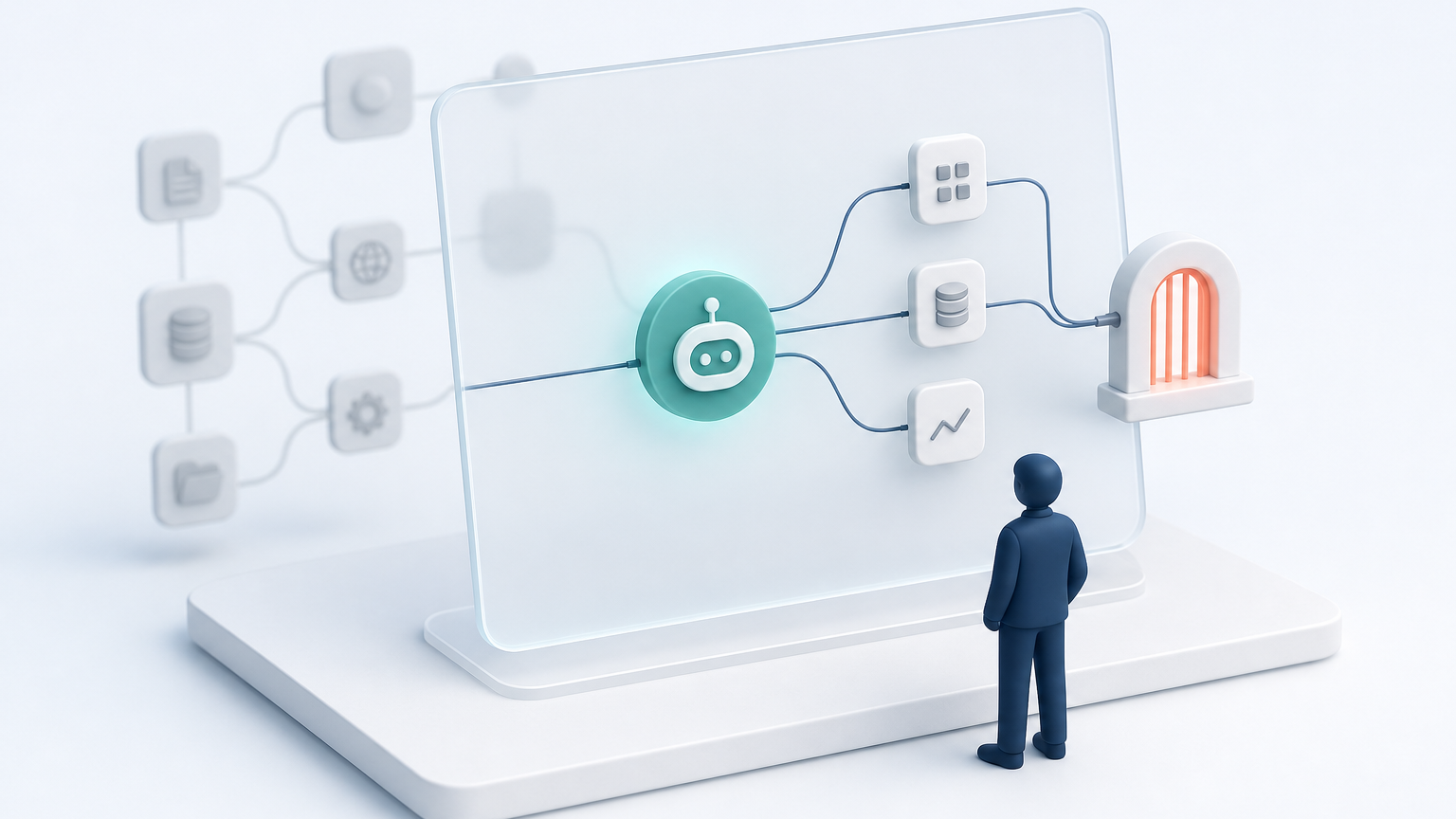 A focused AI agent node connected to a tidy set of action tiles and a data-quality gate, with out-of-scope tasks dimmed in the background