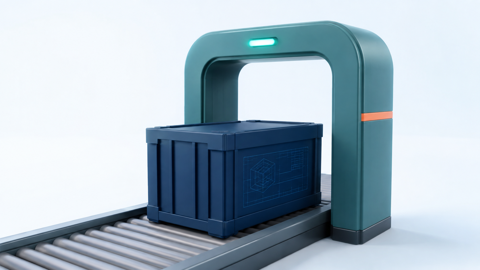 A sealed package crate passing through a security gate with a pass light glowing above it