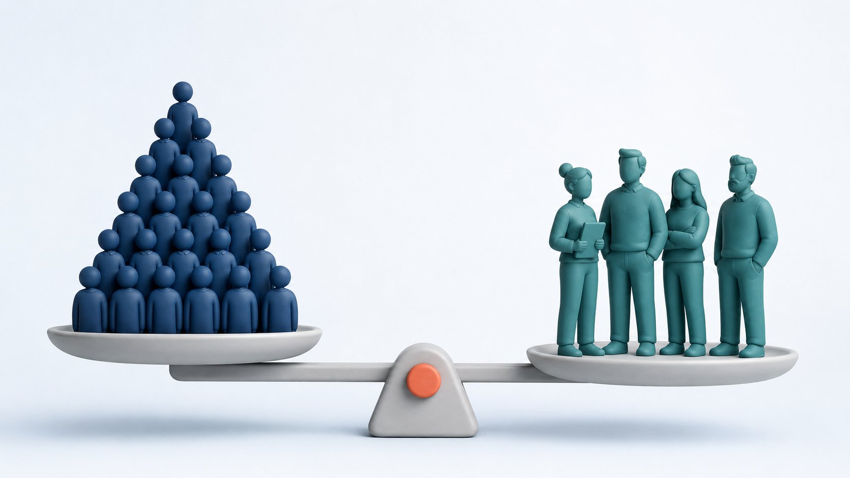 A large pyramid of many small figures and a small close-knit team standing level on a balance scale