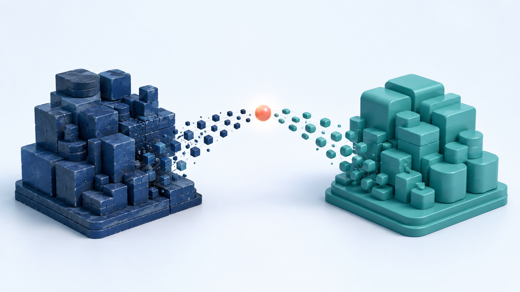 A weathered cluster of data blocks crossing a bridge of mapped nodes and reassembling as cleaner geometry on the other side