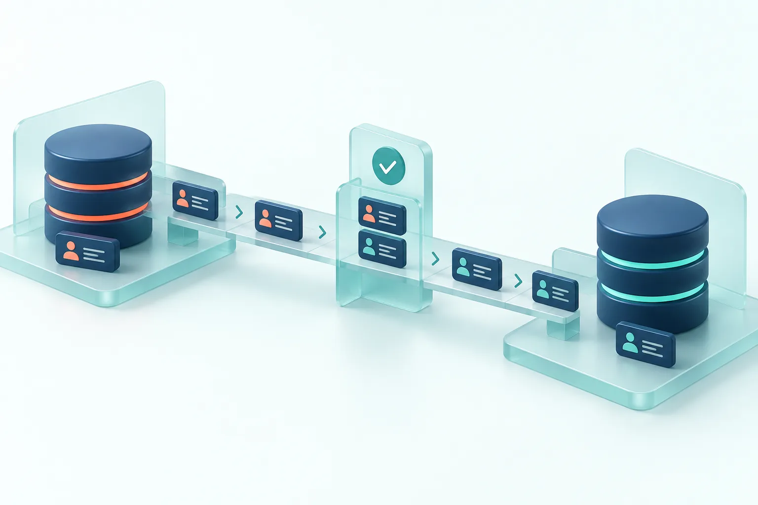 Records move between two CRM systems through a reconciliation checkpoint
