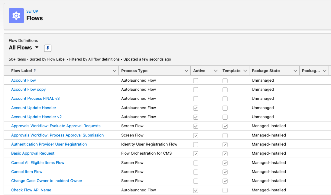Salesforce Setup Flows list showing multiple overlapping active and draft autolaunched flows with copy-paste names on the same object