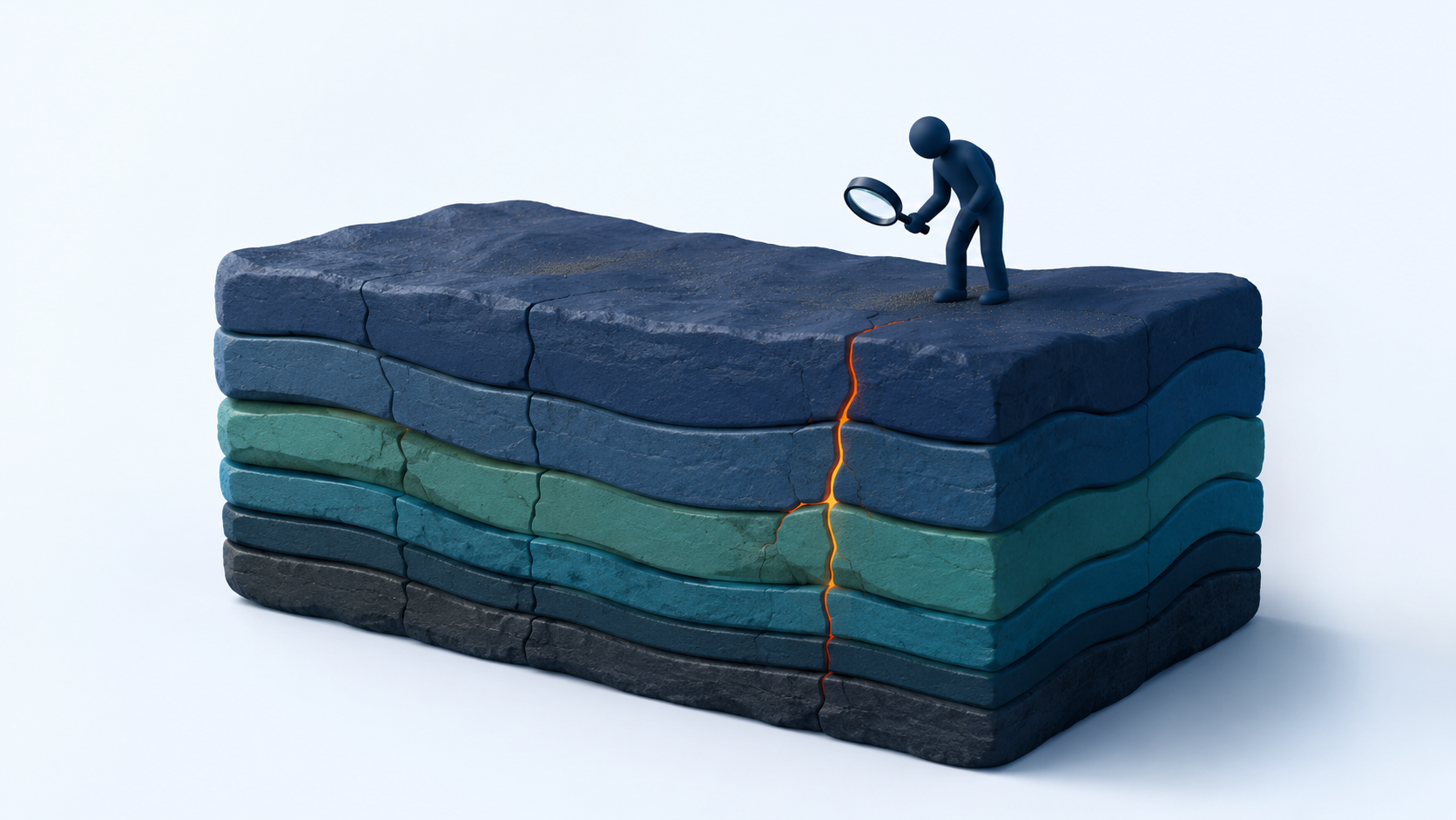 Years of accumulated org configuration shown as geological strata, with a crack running through the layers under inspection